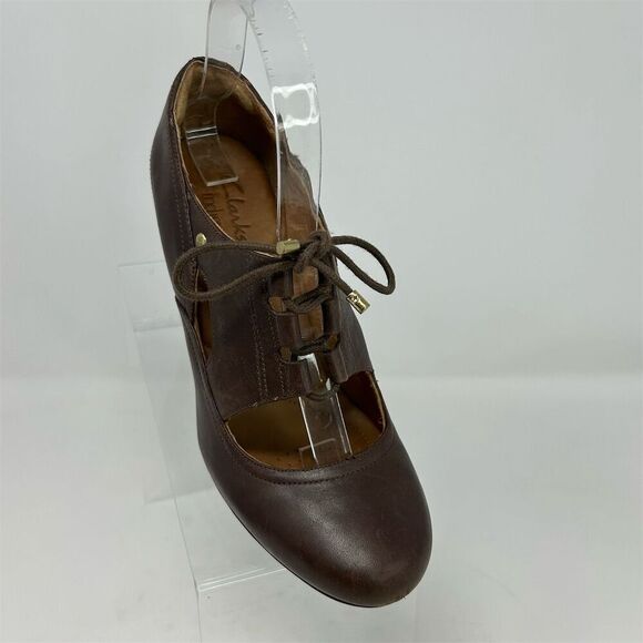 Clarks Indigo Women's Brown Leather Lace-Up Block Heel Shoes Size 7 Round Toe - Picture 2 of 12